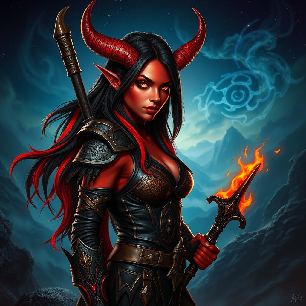 An epic, seductive, and fiery female tiefling ranger with striking red skin and dramatic horns that split into two elegant points