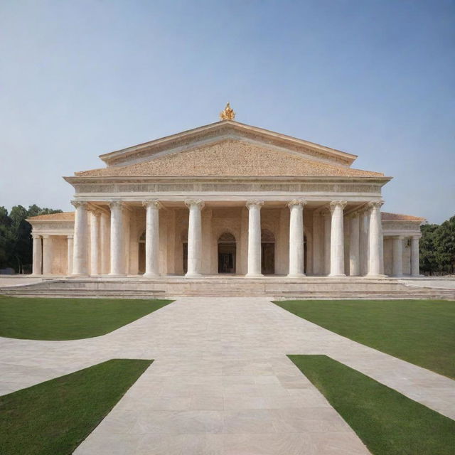 The exterior design of a modern, expansive 100ft x 200ft wedding hall made with composite board design, possessing the grandeur of a Roman temple but crafted from modern materials