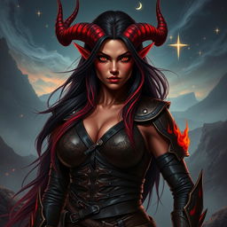 An epic, seductive, and fiery female tiefling ranger with striking red skin and dramatic horns that split into two elegant points