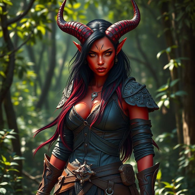 An epic, seductive, and fiery female tiefling ranger standing in a lush forest, showcasing her striking red skin and dramatic horns that split into two elegant points