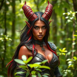 An epic, seductive, and fiery female tiefling ranger standing in a lush forest, showcasing her striking red skin and dramatic horns that split into two elegant points