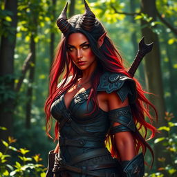 An epic, seductive, and fiery female tiefling ranger standing in a lush forest, showcasing her striking red skin and dramatic horns that split into two elegant points