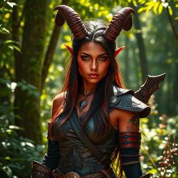 An epic, seductive, and fiery female tiefling ranger standing in a lush forest, showcasing her striking red skin and dramatic horns that split into two elegant points