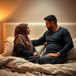 A sensual bedroom scene featuring two hijabi women with D-cup figures engaged in a romantic threesome with a masculine male partner