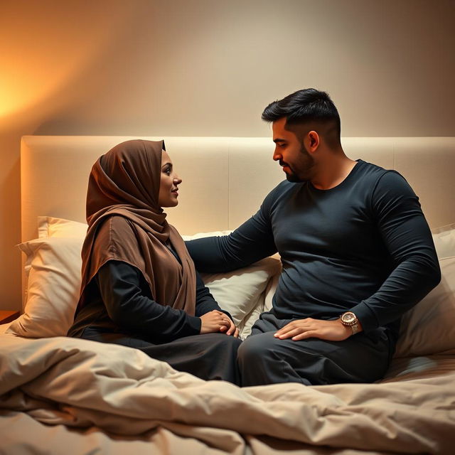 A sensual bedroom scene featuring two hijabi women with D-cup figures engaged in a romantic threesome with a masculine male partner