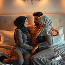 A sensual bedroom scene featuring two hijabi women with D-cup figures engaged in a romantic threesome with a masculine male partner