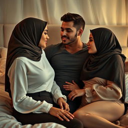 A sensual bedroom scene featuring two hijabi women with D-cup figures engaged in a romantic threesome with a masculine male partner
