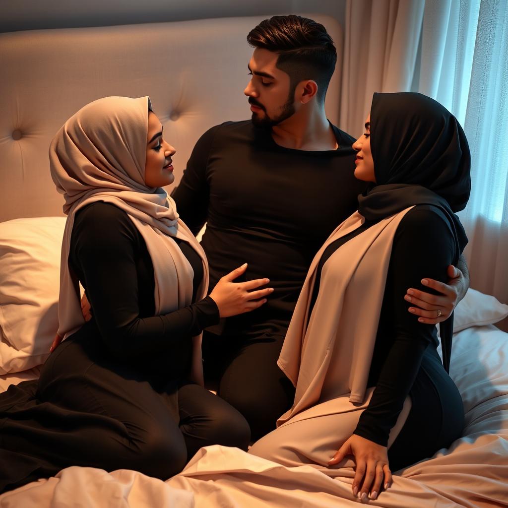 A sensual bedroom scene featuring two hijabi women with D-cup figures engaged in a romantic threesome with a masculine male partner