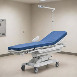 A Stryker medical stretcher with sturdy, sleek design, prominently displaying its ergonomic features and mobility