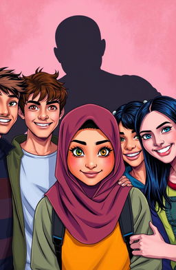 A vibrant, dynamic scene featuring a Muslim female teenager named Dahlia at the center, showcasing her striking orange eyes