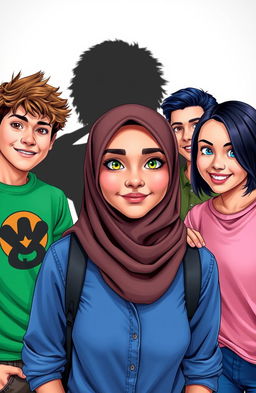 A vibrant, dynamic scene featuring a Muslim female teenager named Dahlia at the center, showcasing her striking orange eyes