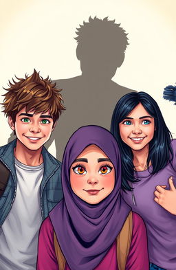 A vibrant, dynamic scene featuring a Muslim female teenager named Dahlia at the center, showcasing her striking orange eyes