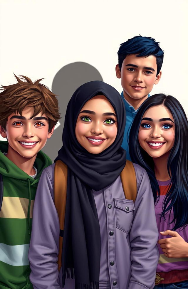 A vibrant, dynamic scene featuring a Muslim female teenager named Dahlia at the center, showcasing her striking orange eyes