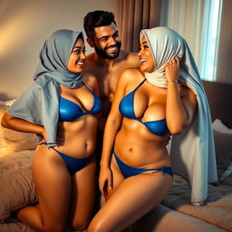 A scene depicting two hijabi women, both confidently embracing their beautiful bodies
