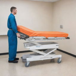 A Stryker medical stretcher with sturdy, sleek design, prominently displaying its ergonomic features and mobility