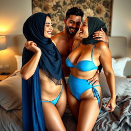 A scene depicting two hijabi women, both confidently embracing their beautiful bodies