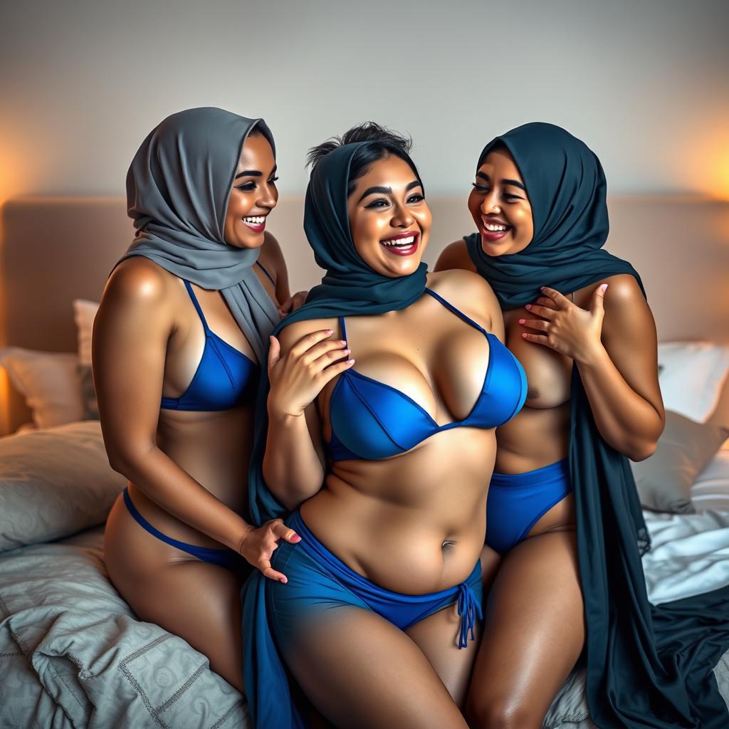 A scene depicting two hijabi women, both confidently embracing their beautiful bodies