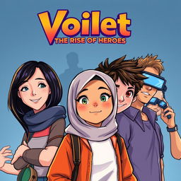A vibrant illustration of the main character Dahlia, a Muslim teenage girl with striking orange eyes, standing confidently in the center