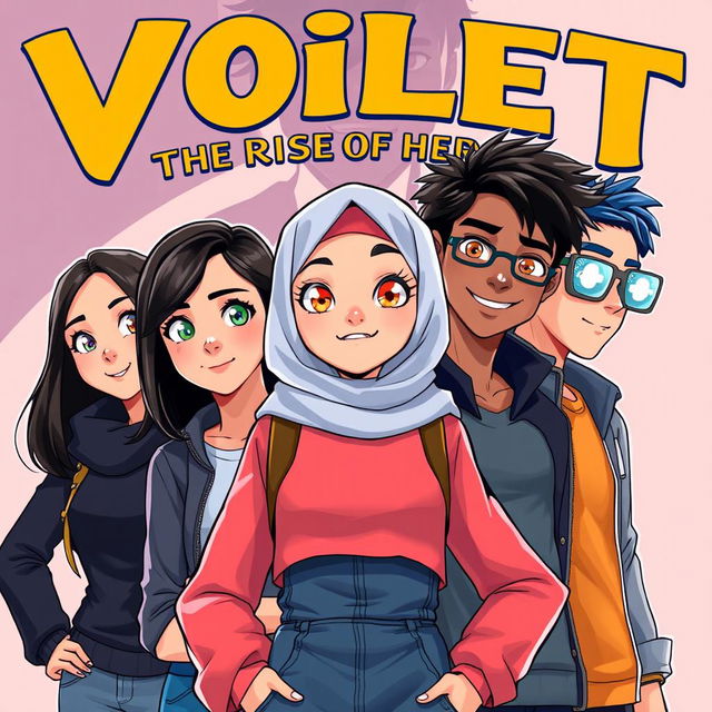 A vibrant illustration of the main character Dahlia, a Muslim teenage girl with striking orange eyes, standing confidently in the center