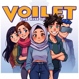 A vibrant illustration of the main character Dahlia, a Muslim teenage girl with striking orange eyes, standing confidently in the center