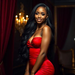 A stunning and confident black woman with long flowing hair, wearing an elegant and revealing red dress that accentuates her curves