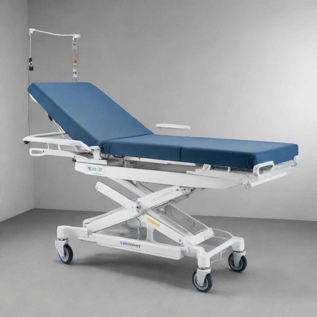 A Stryker medical stretcher with sturdy, sleek design, prominently displaying its ergonomic features and mobility