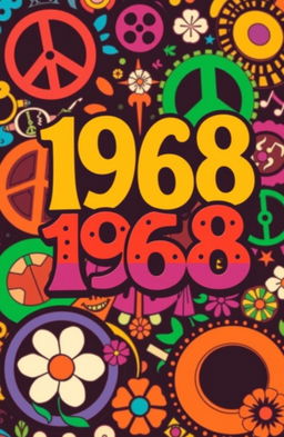 A book cover design inspired by the year 1968, featuring vibrant colors and bold typography typical of that era