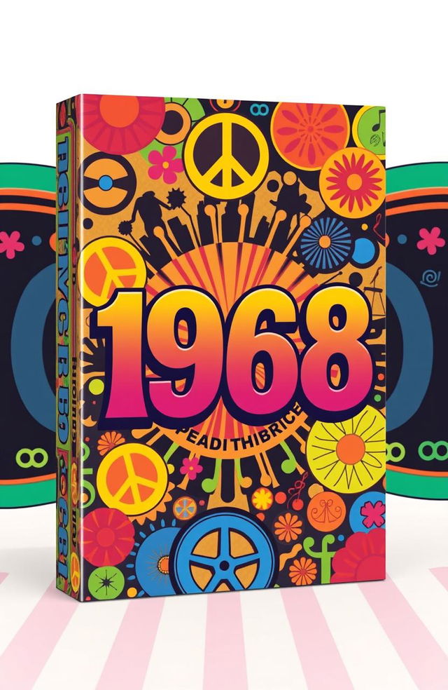 A book cover design inspired by the year 1968, featuring vibrant colors and bold typography typical of that era