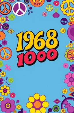 A book cover design inspired by the year 1968, featuring vibrant colors and bold typography typical of that era