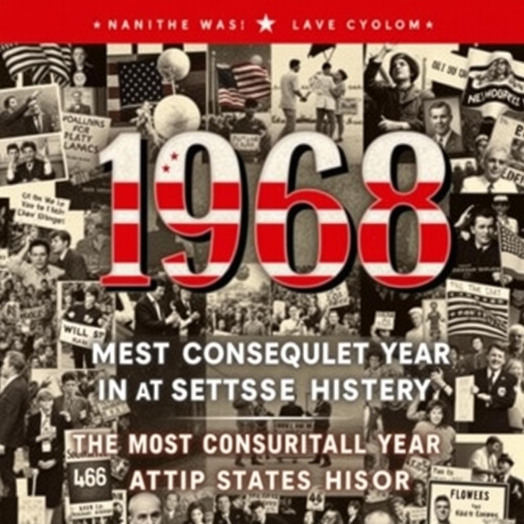 A book cover design for '1968: The Most Consequential Year In United States History', featuring a striking and evocative image that reflects the tumultuous events of that year