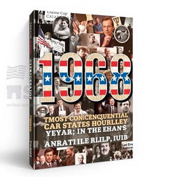 A book cover design for '1968: The Most Consequential Year In United States History', featuring a striking and evocative image that reflects the tumultuous events of that year