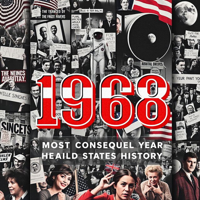 A book cover design for '1968: The Most Consequential Year In United States History', featuring a striking and evocative image that reflects the tumultuous events of that year