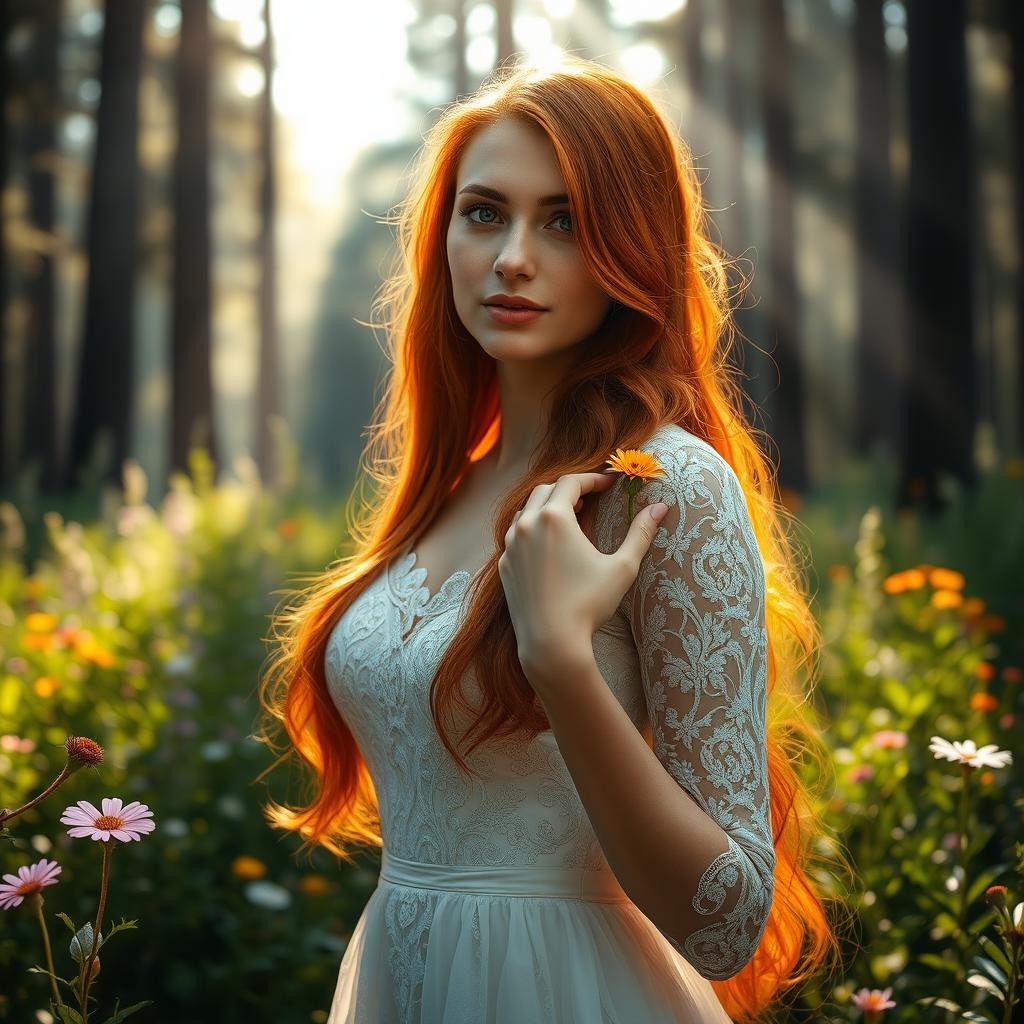 A stunning, detailed portrait of a beautiful woman with long, flowing red hair, wearing an elegant white dress adorned with intricate lace patterns