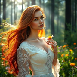 A stunning, detailed portrait of a beautiful woman with long, flowing red hair, wearing an elegant white dress adorned with intricate lace patterns