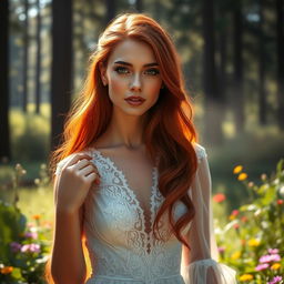 A stunning, detailed portrait of a beautiful woman with long, flowing red hair, wearing an elegant white dress adorned with intricate lace patterns