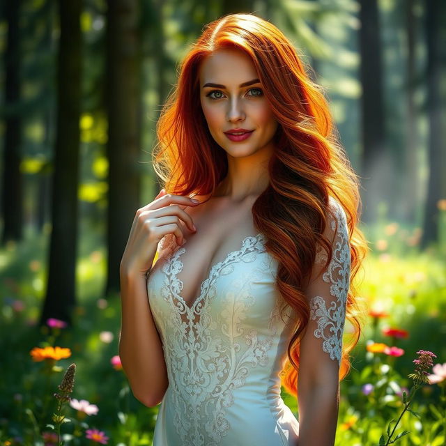 A stunning, detailed portrait of a beautiful woman with long, flowing red hair, wearing an elegant white dress adorned with intricate lace patterns