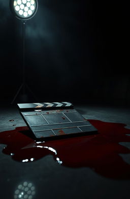 A chilling scene set in a dimly lit film studio, featuring a weathered clapperboard lying ominously on the ground