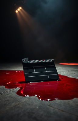 A chilling scene set in a dimly lit film studio, featuring a weathered clapperboard lying ominously on the ground