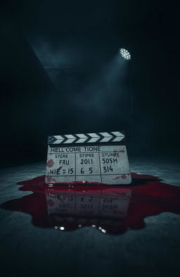 A chilling scene set in a dimly lit film studio, featuring a weathered clapperboard lying ominously on the ground