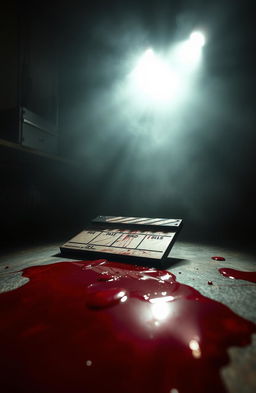 A chilling scene set in a dimly lit film studio, featuring a weathered clapperboard lying ominously on the ground