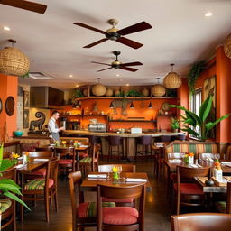 An affordable African safari-themed restaurant interior designed for 20 guests, featuring vibrant colors and rustic decor inspired by the African landscape