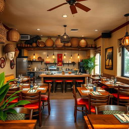 An affordable African safari-themed restaurant interior designed for 20 guests, featuring vibrant colors and rustic decor inspired by the African landscape
