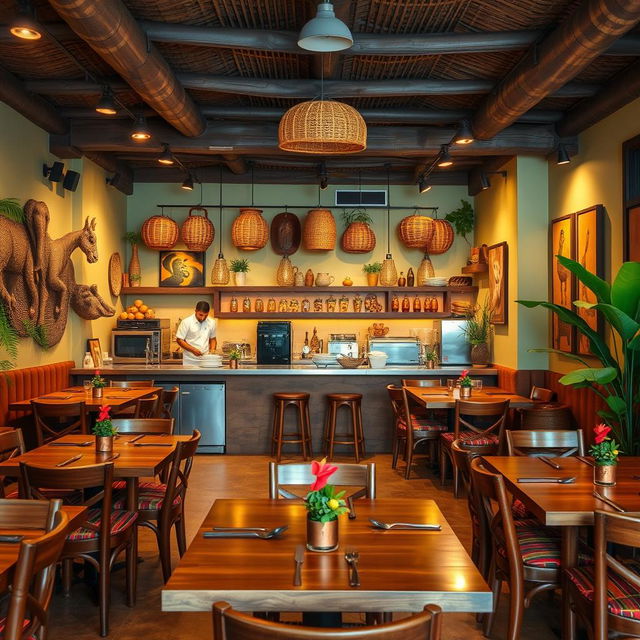 An affordable African safari-themed restaurant interior designed for 20 guests, featuring vibrant colors and rustic decor inspired by the African landscape