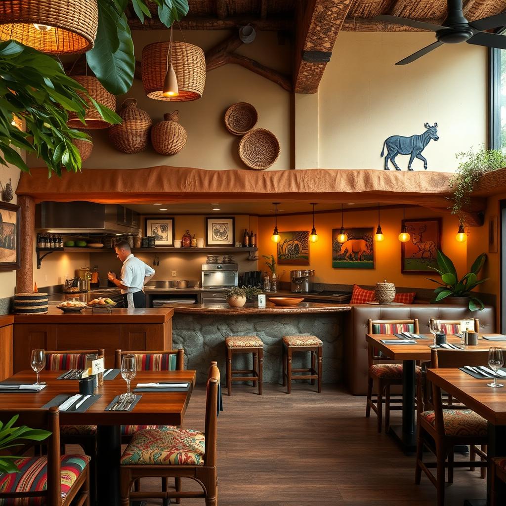 An affordable African safari-themed restaurant interior designed for 20 guests, featuring vibrant colors and rustic decor inspired by the African landscape