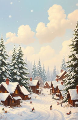 A beautiful winter landscape showcasing the first snow gently covering a quaint village