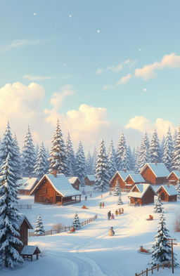 A beautiful winter landscape showcasing the first snow gently covering a quaint village