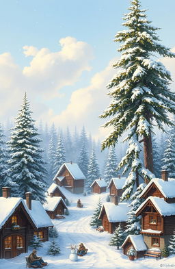 A beautiful winter landscape showcasing the first snow gently covering a quaint village
