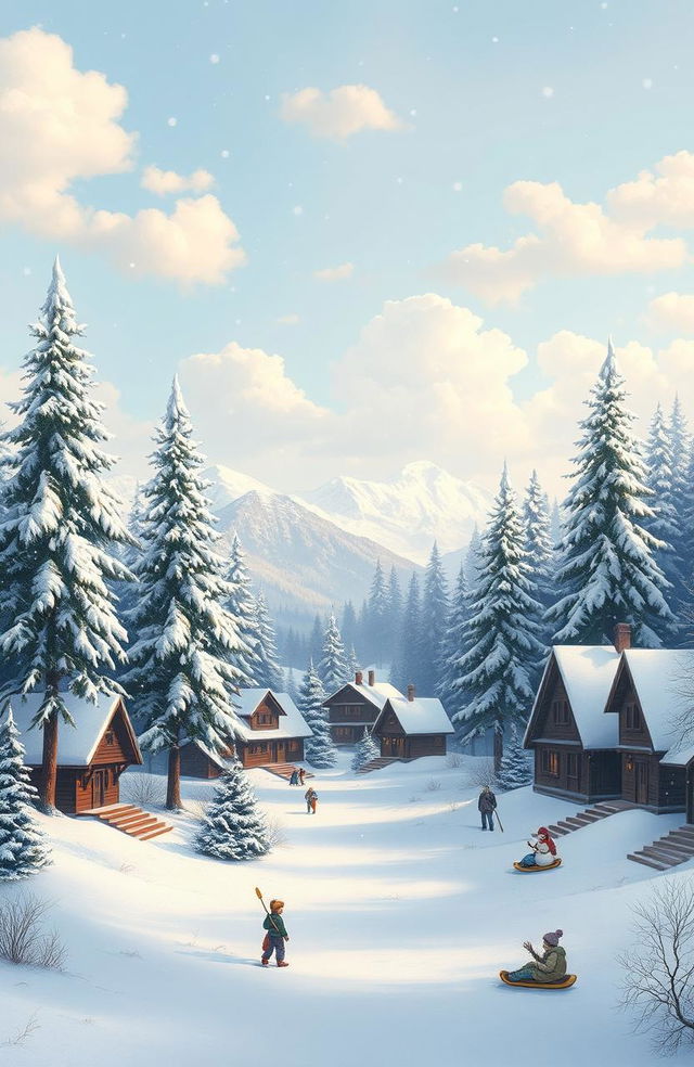 A beautiful winter landscape showcasing the first snow gently covering a quaint village