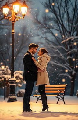 A romantic winter scene during the first snowfall, capturing the essence of love and serenity