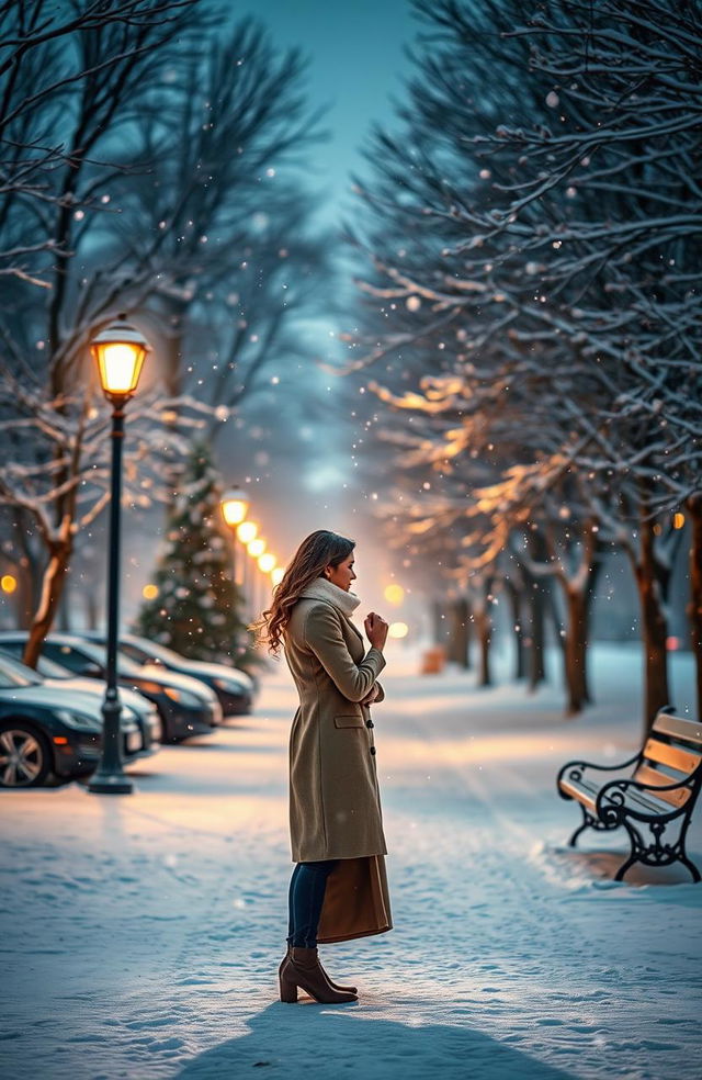 A romantic winter scene during the first snowfall, capturing the essence of love and serenity